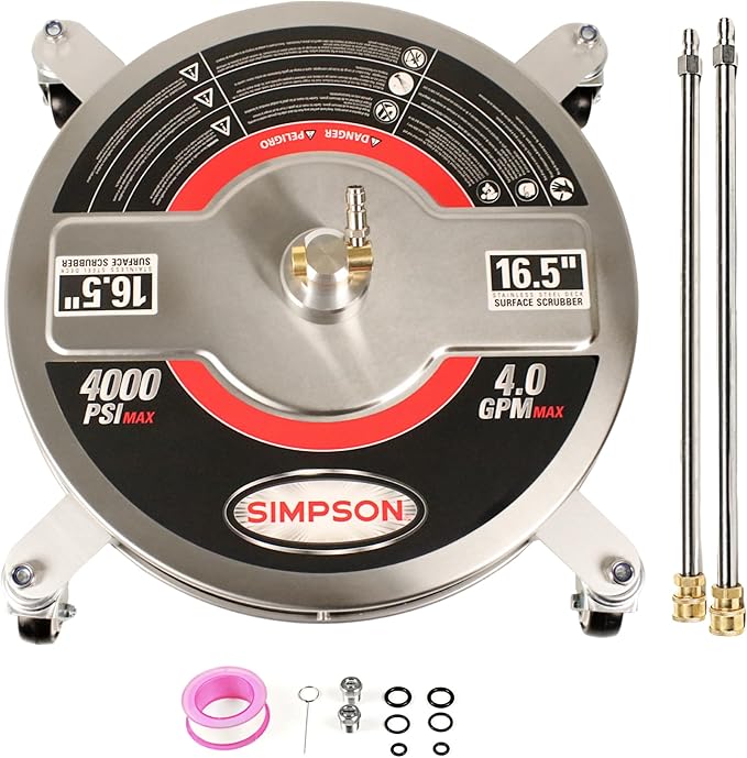 Simpson Cleaning Universal 16.5" Pressure Washer Surface Cleaner, Stainless Steel, for Gas and Electric, Cold Water, 1/4" Quick Connection, Max of 4000 PSI, 80625