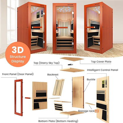 Infrared Sauna 1495W Wooden Saunas Spa Room Pacific Clear Cedar Wood Single Person Indoor Saunas with Special Shaped Comfortable Backrest 32.68 * 47.24 * 69.29 Inch