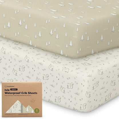 2-Pack Waterproof Baby Crib Sheets for Boys, Girls - 52x28 Viscose Derived from Bamboo Toddler Bed Sheet Neutral, Fitted Crib Mattress Protector Cover for Baby Bedding, Soft & Gentle (Pine Grove)