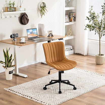 YOUNIKE Ergonomic Home Office Desk Chair with Wheels Comfy Armless Criss Cross Chair with Back Adjustable Height Modern Leather Upholstered Swivel Vanity Chair Small Cute Rolling Task Chair Tan