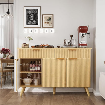 47" Buffet Cabinet with Storage, Natural Wood Fluted Sideboard with Drawers 3 Doors & Adjustable Shelves, Modern Accent Storage Cabinet Console Table for Living Room, Hallway, Entryway