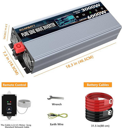 3000W Pure Sine Wave Power 12V Inverter DC to AC 110V 120V Peak Power 6000W with Remote Control 4 AC Outlets,Dual USB Port,LED Display AC Terminal Blocks for Power Inverter Truck RV Car Solar System