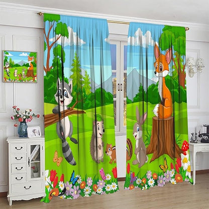 Safari Animal Curtains for Kids Cartoon Woodland Wildlife Jungle Animals Window Treatments for Boys Girls Bedroom Cute Fox Forest Nursery Children Drapes for Living Room W63xL72