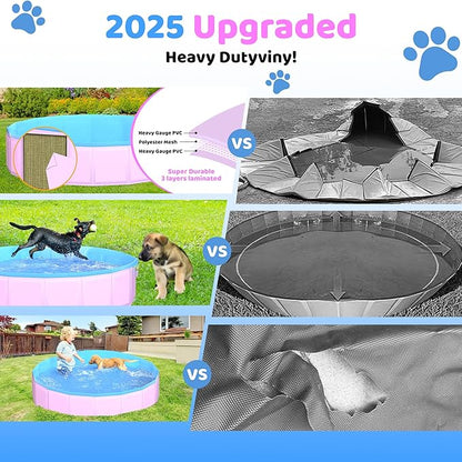2025 Updated Foldable Dog Pool, 87" x 12" Kiddie Pool with Hard Plastic, Non-Slip Dog Bath Tub for Outdoor Backyard, Collapsible Dog Swimming Pool for Kids Dogs Pets (Pink)