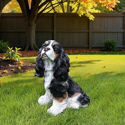 Cavalier King Charles Spaniel Outdoor Dog Statue with Reversible “Welcome/ON Patrol” Hanging Plaque and Solar Porch Lantern, Black & White Sitting