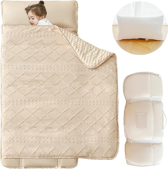 Toddler Nap Mat for Daycare Preschool Girls Boho Tufted Geometric Kids Sleeping Mat Pad Toddler Bedding Set Portable Baby Sleeping Bag with Pillow and Blanket for Travel Camping Outdoor