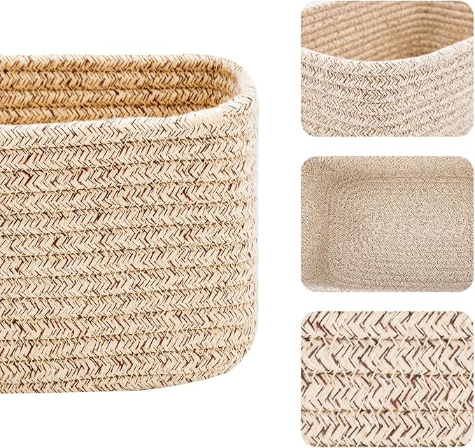Small Storage Baskets for Organizing | Closet Organizer Bins | Shelf Toy Basket | Woven Rope Baskets | Cube Decorative Box | Shallow Basket | 11.5x7.5x4.7” | 4 Packs Mixed Brown