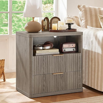 LEYAOYAO Fluted Farmhouse Nightstand Set of 2 with Charging Station, 23" Wide 2 Drawers End Table,Grey Dresser for Bedroom,Bed Side Table Chest of Drawers Cabinet,Wood Night Stand for Living Room