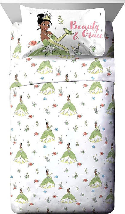 Jay Franco The Princess and The Frog Beauty & Grace 5 Piece Twin Size Bed Set - Includes Comforter & Sheet Set Featuring Tiana - Super Soft Bedding Fade Resistant Microfiber (Official Product)