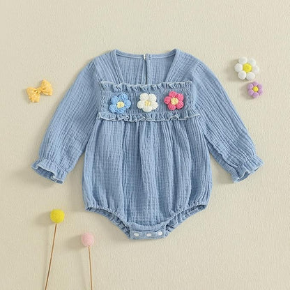 Gaono Newborn Baby Girl Smocked Bubble Romper Cute Boho Summer Clothes Ruffle Sleeveless Crochet Flower Vintage Bodysuit