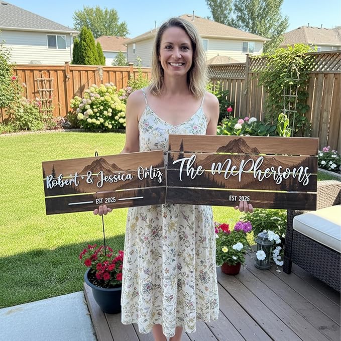 Custom Mountain Family Name Sign - Rustic Wood Wall Decor, Personalized Wedding & Gift for Anniversary Couples, Housewarming Gift for New Home