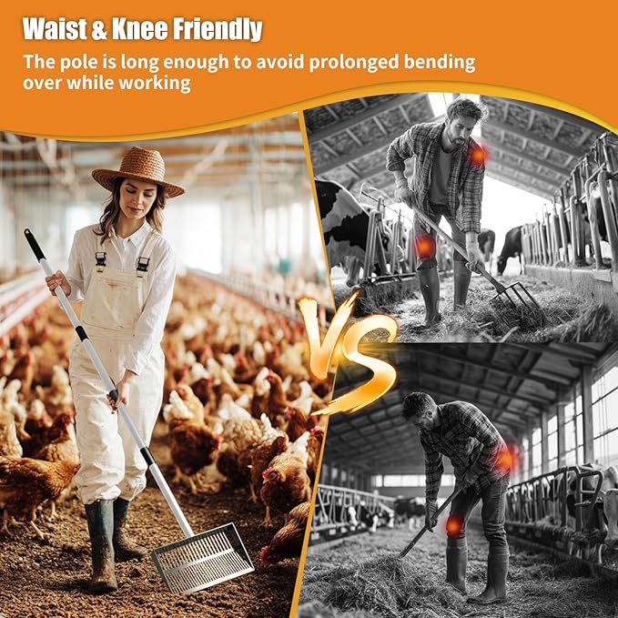Chicken Poop Scooper, 15 Inch Wide 37 to 63 Inch Adjustable Chicken Coop Scoop for Sand with Work Clothes, Black Metal Multifunctional Sifting Shovel for Chicken Run, Animal Farm