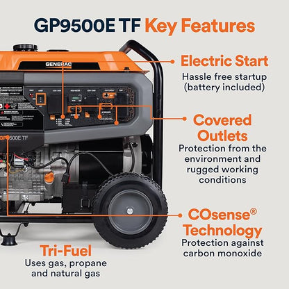 Generac 12,500 Starting Watt Tri-Fuel Portable Generator - Electric Start - Gas, Propane or Natural Gas - Home Backup, Jobsite, or RV - Quiet Operation - Long Runtime - 49-State Compliant