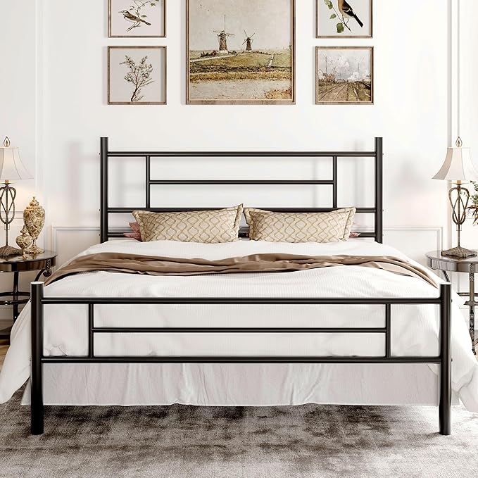 SHA CERLIN 14 Inch Queen Size Metal Bed Frame with Iron-Art Headboard and Footboard,Under Bed Storage Space,Platform Bed with Metal Slats Support,Easy Assembly,Noise Free,No Box Spring Needed,Black