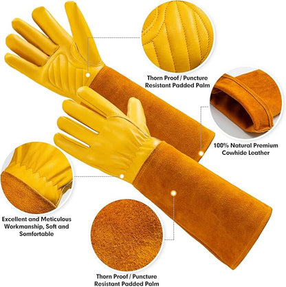 Thorn Proof Gardening Gloves for Men & Women, Long Cowhide Leather Rose Pruning Gloves with Forearm Protection, Puncture Resistant Gauntlets for Cacti, Blackberries & Yard Work(Butter Yellow,XS)