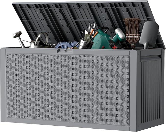 Outdoor Storage Box, 90 Gallon Deck Box, Waterproof Resin Storage Box for Patio Cushions, Gardening Tools, Lockable, UV Resistant, Grey