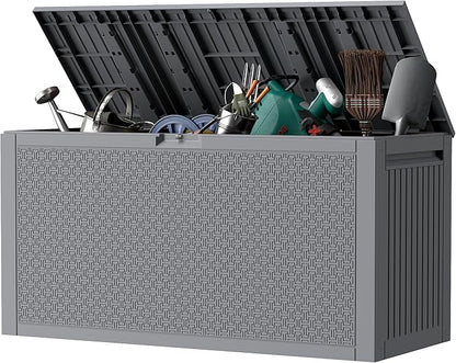 Outdoor Storage Box, 90 Gallon Deck Box, Waterproof Resin Storage Box for Patio Cushions, Gardening Tools, Lockable, UV Resistant, Grey