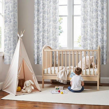 jinchan Linen Nursery Curtains 72 inch Long Woodland Wildlife Blue Print Drapes for Kid's Room Light Filtering French Country Farmhouse Curtains with Bunny and Forest Design Set of 2 Panels