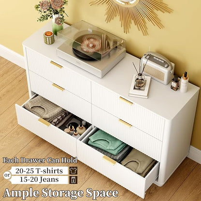 Fluted Dresser for Bedroom with 6 Drawers, 54" Wide Modern Chest of Drawers with Lighting, Wooden Dresser TV Stand with Curved Edges, Closet Organizer for Living Room, Hallway,White