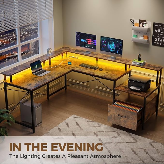 Rolanstar L Shaped Gaming Desk with Drawers, 64" Reversible Computer Desk with Power Outlet & LED Strip, Corner Desk with File Cabinet & Monitor Stand, Home Office Desk, Rustic Brown