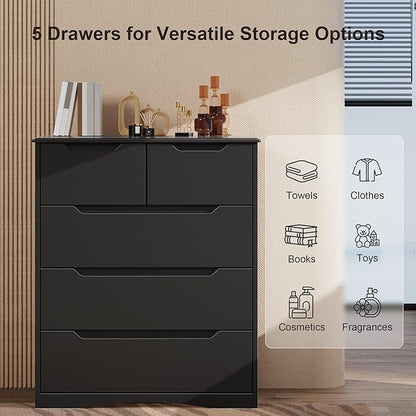 Gizoon 5 Drawers Chest, Black Dresser for Bedroom with Large Storage Capacity, Chest of Drawers with Embedded Handle, Sturdy Anti-Tripping Device for Hallway, Office, Living Room