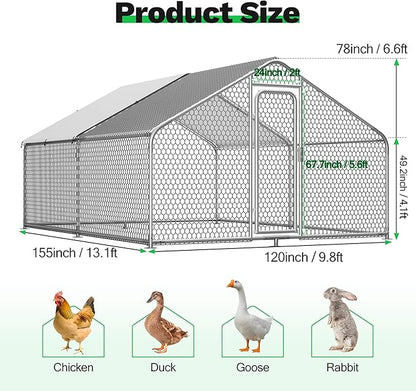 Large Metal Chicken Coop,13.1'L x 9.8'W x 6.6'H Chicken Run,Walk in Chicken Pen with Cover for Yard,Large Poultry Cage for Duck Rabbit