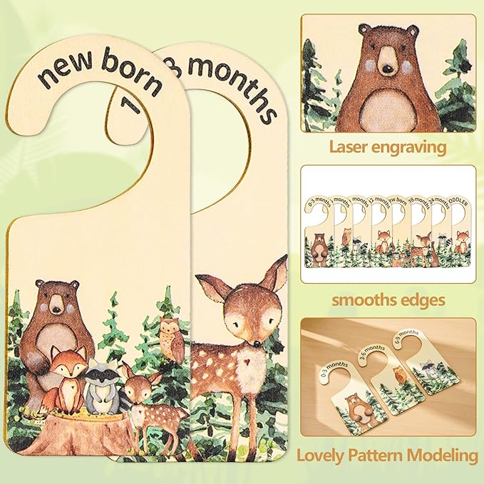 Whaline 8Pcs Woodland Design Hanging Wooden Baby Closet Size Dividers and Organizer - Newborn to 24 Months - Thicken Wardrobe Organizer for Home Nursery Clothes Decor