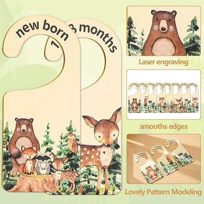 Whaline 8Pcs Woodland Design Hanging Wooden Baby Closet Size Dividers and Organizer - Newborn to 24 Months - Thicken Wardrobe Organizer for Home Nursery Clothes Decor