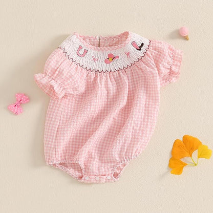 Baby Girl Smocked Western Romper Short Sleeve Bubble Rompers Summer Clothes Plaid Print Embroidery Bow Bodysuit Tops