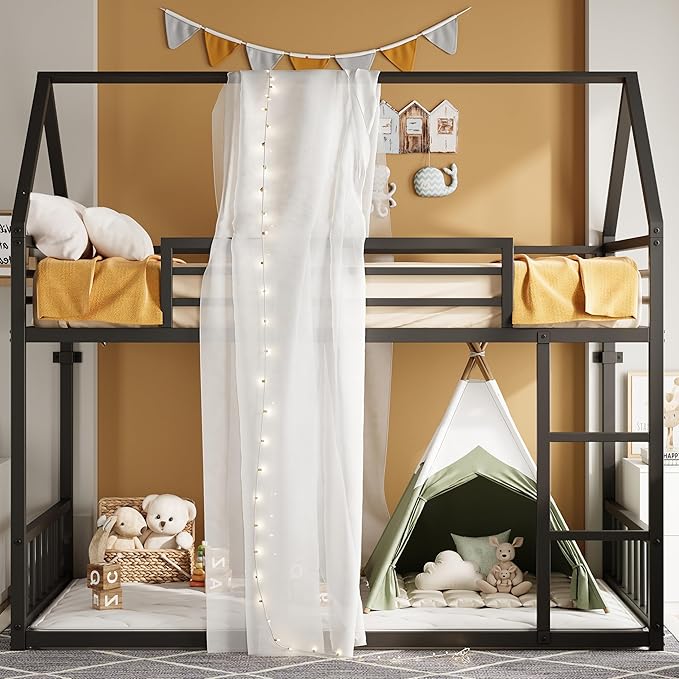 LIKIMIO Bunk Bed Twin XL Over Twin XL, Metal Bunk Bed Frame with Ladder and Guardrail, House Shaped with Metal Slats for Dormitory and Bedroom, Space Saving, No Box Spring Needed, Black