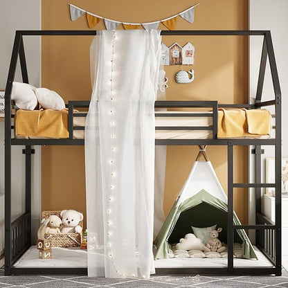 LIKIMIO Bunk Bed Twin XL Over Twin XL, Metal Bunk Bed Frame with Ladder and Guardrail, House Shaped with Metal Slats for Dormitory and Bedroom, Space Saving, No Box Spring Needed, Black