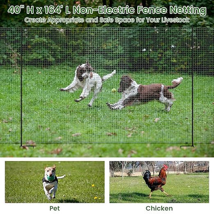 Non Electric Fence Netting, 40" x164' Portable Movable Livestock Nets Mesh for Chickens, Goats, Sheep, Dog, All-Purpose Fencing for Backyards, Homesteaders, Farms Ranches, and Gardens