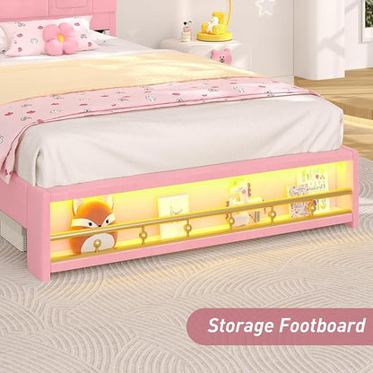 Twin Bed Frames with Storage Headboard,Twin Size Platform Bed for Girls/Kids,Velvet Upholstered Princess Bed Frame Twin,Charging Station&LED Lights,No Box Spring Needed/Noise-Free/Easy Assembly,Pink