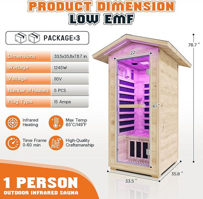 Albott Outdoor Sauna 1 Person, Infrared Saunas for Home, Low EMF 1245W/110V Spruce Wood Dry Sauna with Tourmaline Stone Foot Warmer, 7-Color Light Therapy & 2 Bluetooth Speakers, 33.5"x35.4"x78.7"