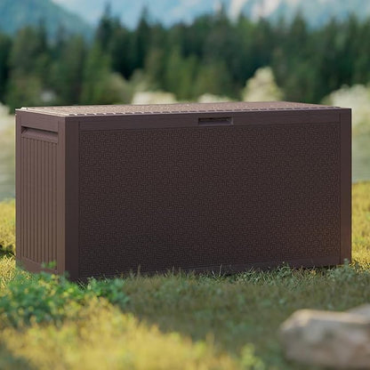 90 Gallon Outdoor Storage Box, Lockable Package Outside Storage Box Waterproof, Patio Cushions Deck Storage Boxes, Rattan Plastic Garden Hose Containers Resin Pool Storage Bins with lids, Brown