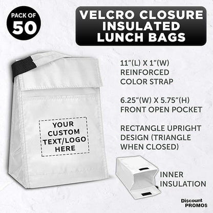 DISCOUNT PROMOS 50 Hook and Loop Insulated Lunch Bags Set - Customizable Text, Logo - Polyester, Durable, Vibrant, Reusable - White
