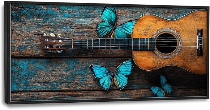 Olivine Music Wall Art, Guitar Pictures Wall Decor, Butterfly Painting, Vintage Musical Instruments Canvas Prints, Framed Artwork for Bathroom Bedroom Living Room Office Home Decoration 60"x30"