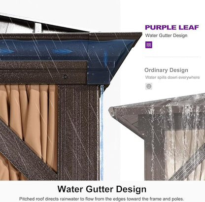 PURPLE LEAF 14' X 28' Outdoor Hardtop Gazebo Patio Wide Aluminum Frame Galvanized Steel Double Roof with Heavy Duty Netting and Curtains for Permanent Hard Top Pavilion Screen Khaki