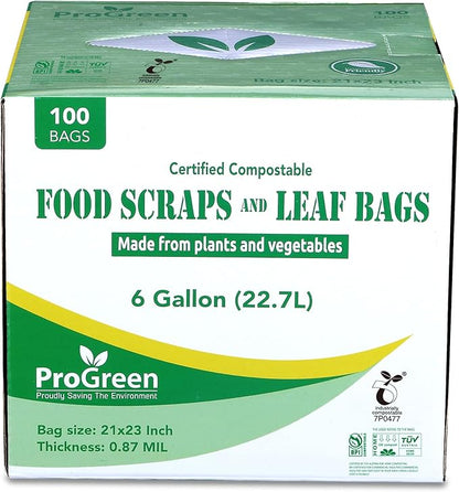 ProGreen Compostable Trash Bags, Extra Thick, Compost Kitchen Bin Bags, Food Scraps Yard Waste Bags, ASTM D6400 BPI and TÜV AUSTRIA Certified (6 Gallon, Pack of 100)