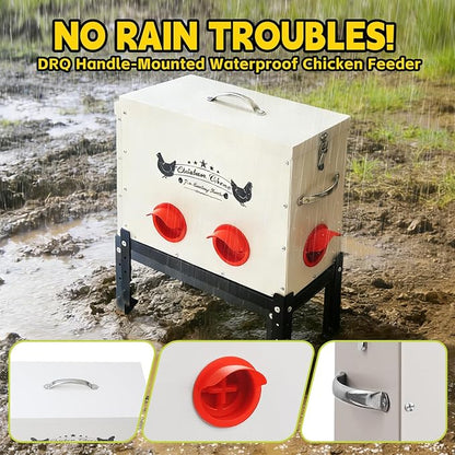 DRQ 30 LB Automatic Chicken Feeder, Metal Chick Feeder with 6 No-Waste Ports, Waterproof Poultry Feeder with Adjustable Legs, Locking Lid & Riveted Handles for Outdoor Chicken Coops