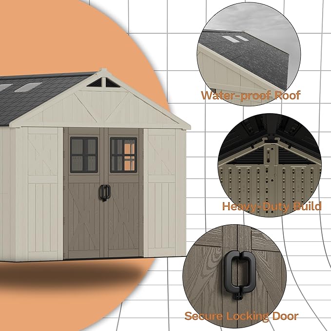 Devoko 10 x 12 FT Plastic Outdoor Storage Shed with Windows, Resin Tools Shed with Floor Large Storage Garden Shed for Patio,Garden, Backyard, Lawn, Beige