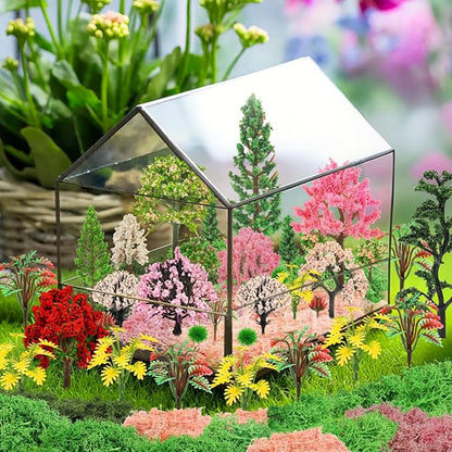 36 Pcs Mixed Model Trees with 40g Moss Pink and Green, Diorama Trees Grass Mini Fake Miniature Trees Moss for Building Model, Model Train Scenery, Natural Green Landscape, Railroad Scenery
