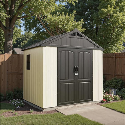 Patiowell 8 x 6 FT Resin Outdoor Storage Shed with Floor, Large Shed with Light and Lockable Door for Garden, Backyard, Tool Storage Use, Easy to Install in Beige (Kick-it Shed)