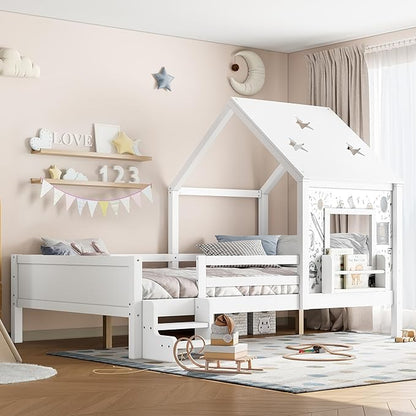 Bellemave Full House Bed with Rails or guardrails and Bookcase, Wooden Full House Shape Platform Bed for Boys, Girls, Teens, White