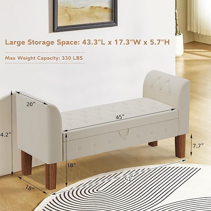 Awonde Storage Bench for Bedroom End of Bed Button Tufted Upholstered Bench Storage Ottoman Bench with Arms 52" Settee Bench Ivory Linen