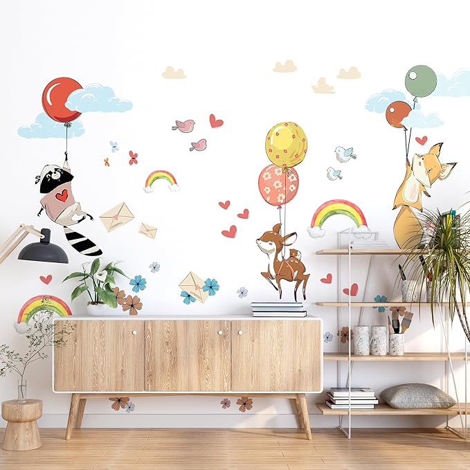Hot Air Balloon Wall Decals by Lipastick - Peel and Stick Animal Stickers Raccoon, Fox, Koala, Panda for Kids Room, Nursery, Playroom, Bedroom - Playroom Wall Decals for Boys, Girls, Babies - M Size