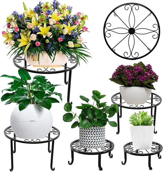 5 packs Rustproof Metal Plant Stands for Multiple Plant, Heavy Duty Plants Holder Outdoor Indoor, Round Wrought Iron Flower Planter Pot Stand, Corner Gardening Pumpkin Stand Black