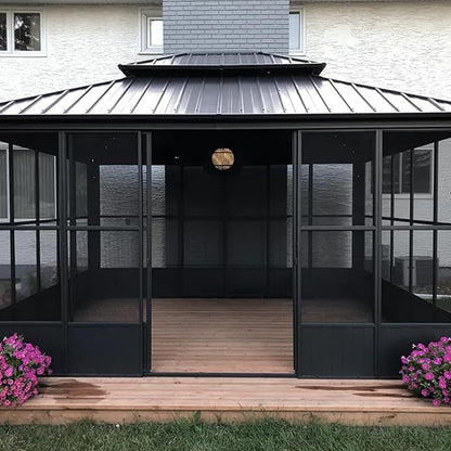 PURPLE LEAF 12' X 14' Sunroom Hardtop Gazebo Solarium with Light Galvanized Steel Double Roof All-Weather Aluminum Outdoor Screen House for Patio Deck Backyard Grey