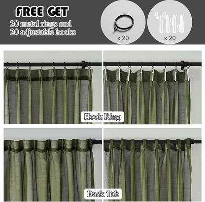 Dark Green Linen Look Pinch Pleated Sheer Curtains 102 Inches Long 2 Panels, 50 Inches Width, Rustic Textured Light Filtering Drapes, Olive Floor to Ceiling Window Curtain with Hooks