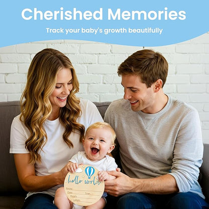 Baby Announcement Sign with Pen, 5.9 Inch Wooden Hello World Newborn Sign for Hospital, 3D Birth Announcement Board, Welcome Baby Name Signs for Nursery, Newborn Boy & Girl,Blue Balloon